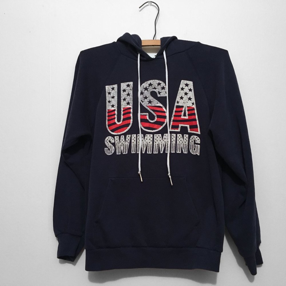 80s USA Swimming Hoodie, Raglan Sleeve Pullover Sweatshirt, Clearance